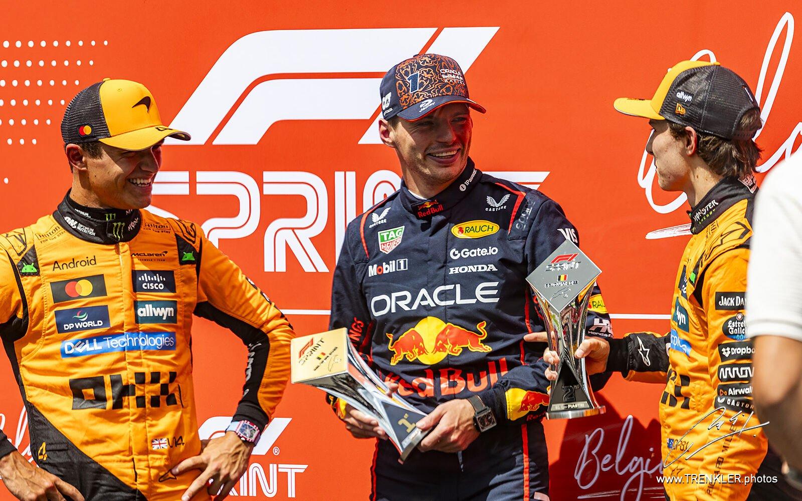 Max Verstappen, Lando Norris a Oscar Piastri