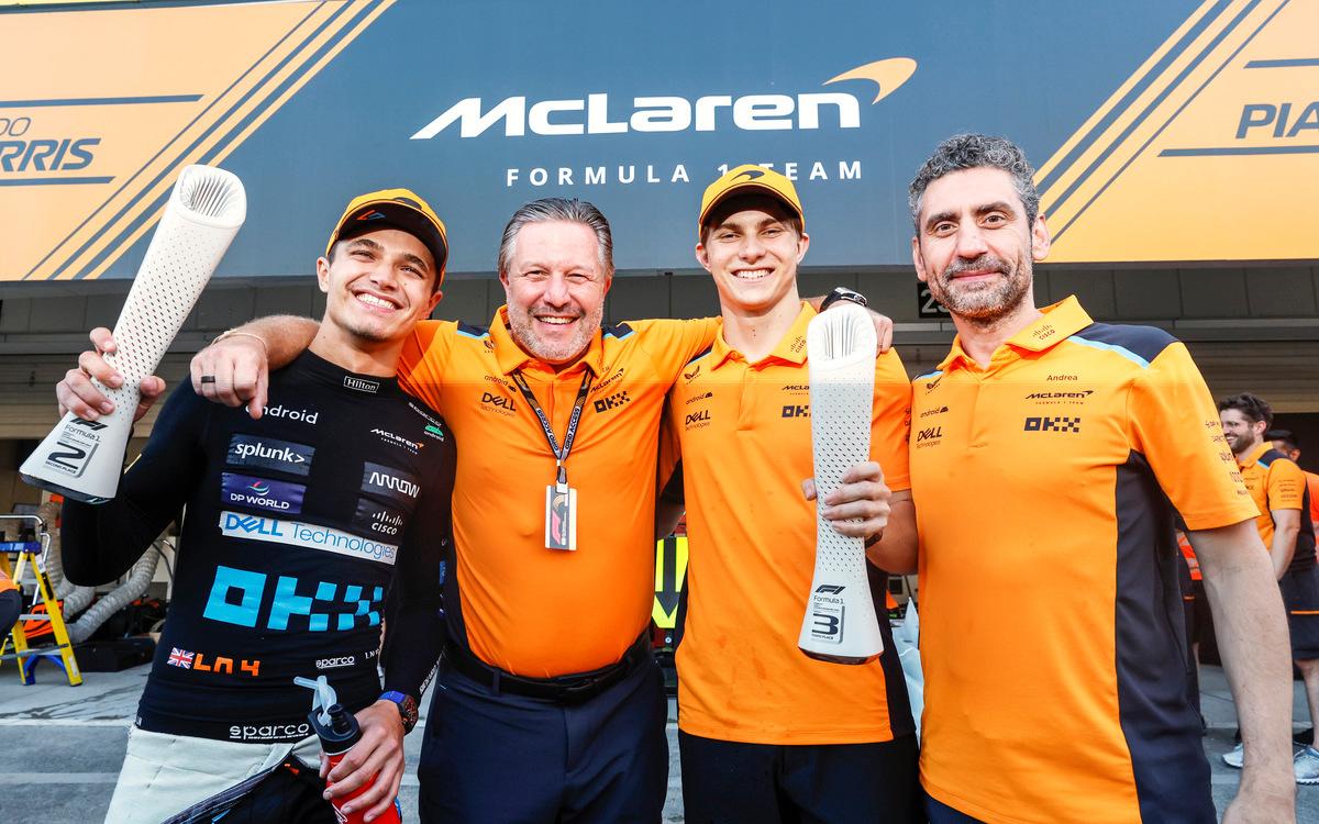 Lando Norris, Zak Brown, Oscar Piastri, Andrea Stella