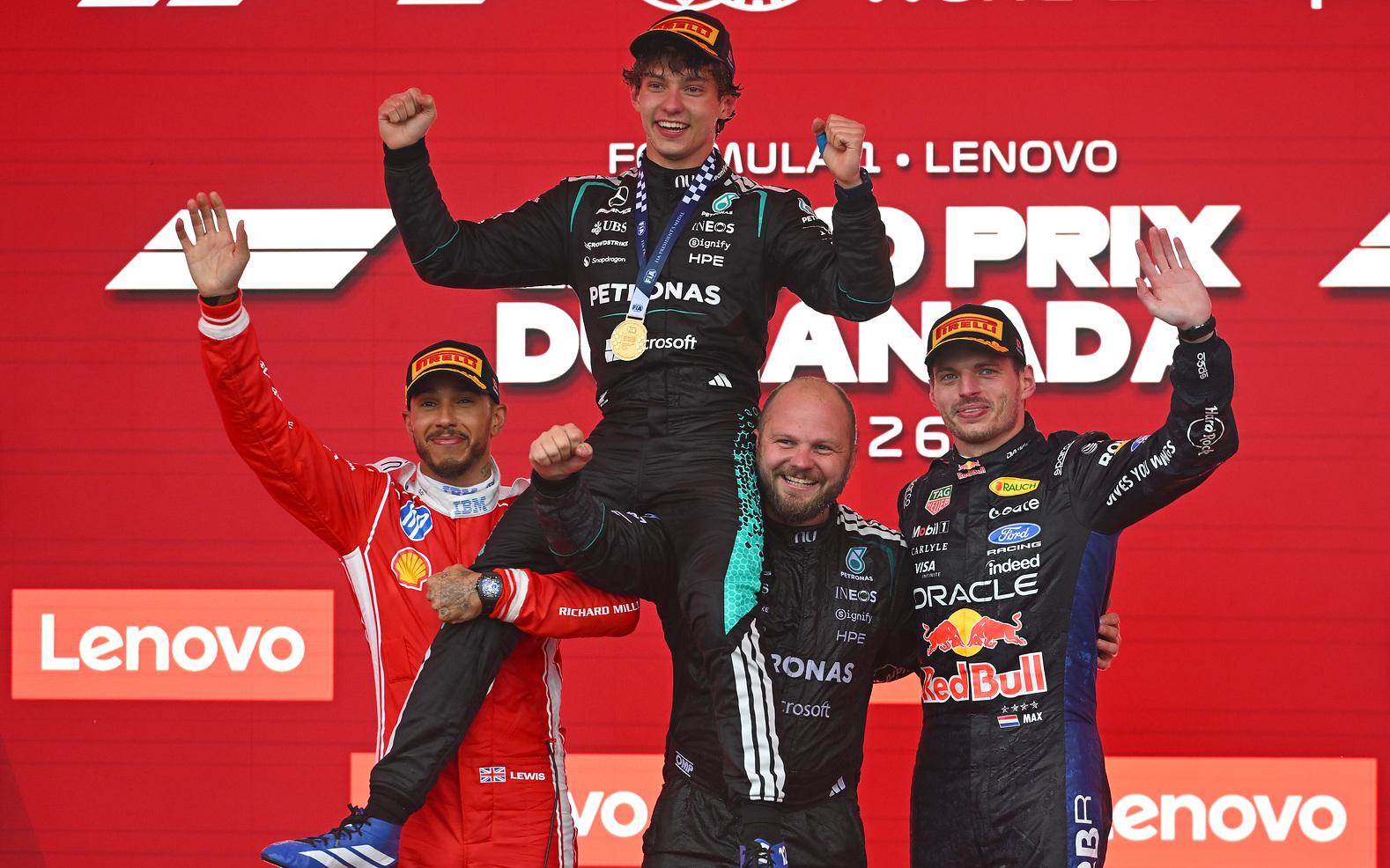Lewis Hamilton, Kimi Antonelli a Max Verstappen
