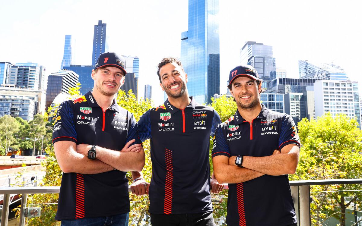 Max Verstappen, Daniel Ricciardo a Sergio Pérez