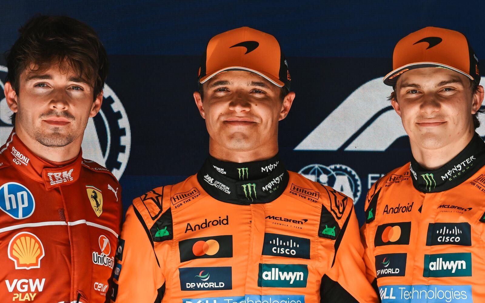 Lando Norris, Charles Leclerc a Oscar Piastri