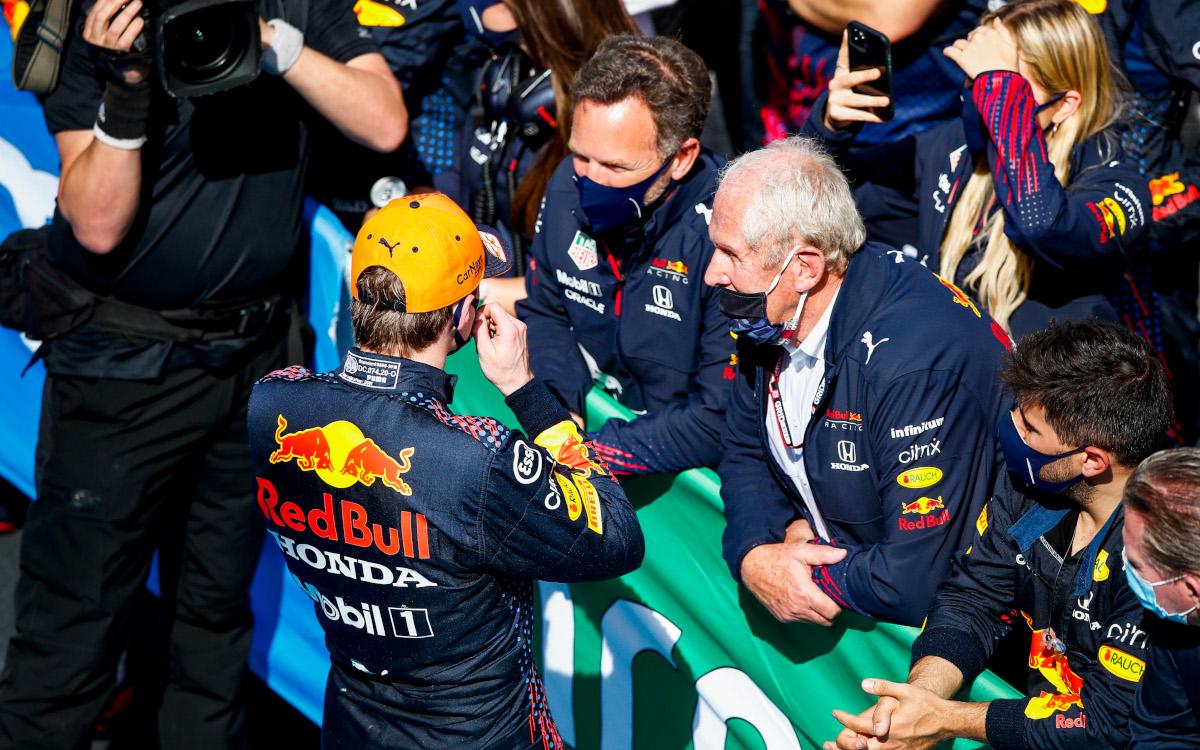 Max Verstappen, Christian Horner a Helmut Marko