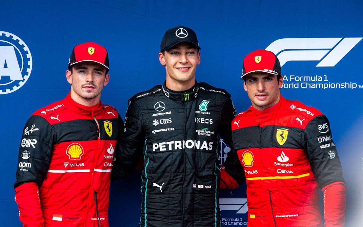 George Russell, Charles Leclerc a Carlos Sainz