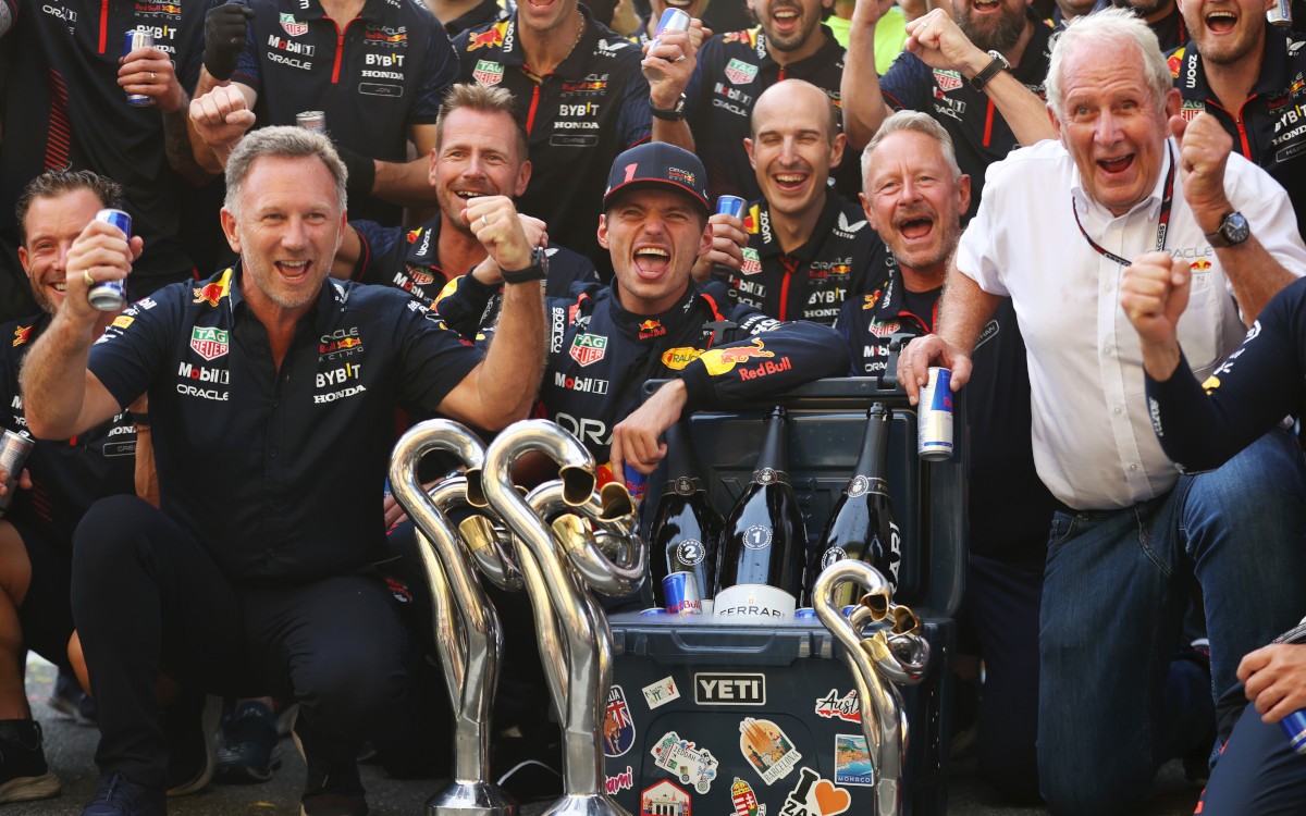 Christian Horner, Max Verstappen, Helmut Marko po VC Talianska 2023