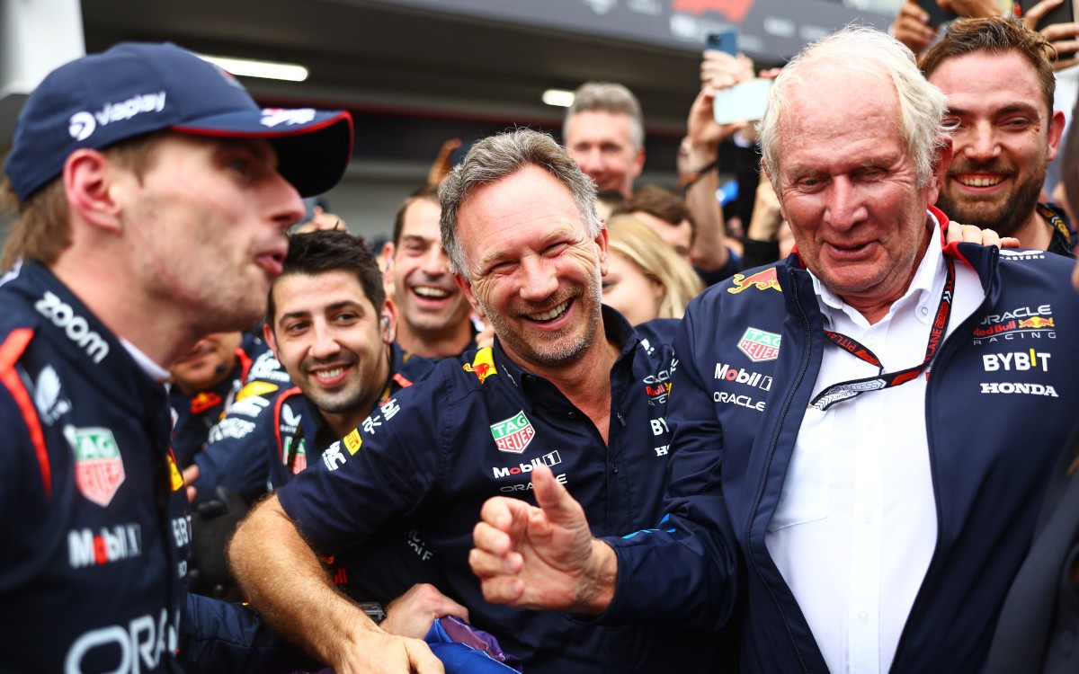 Max Verstappen, Christian Horner a Helmut Marko