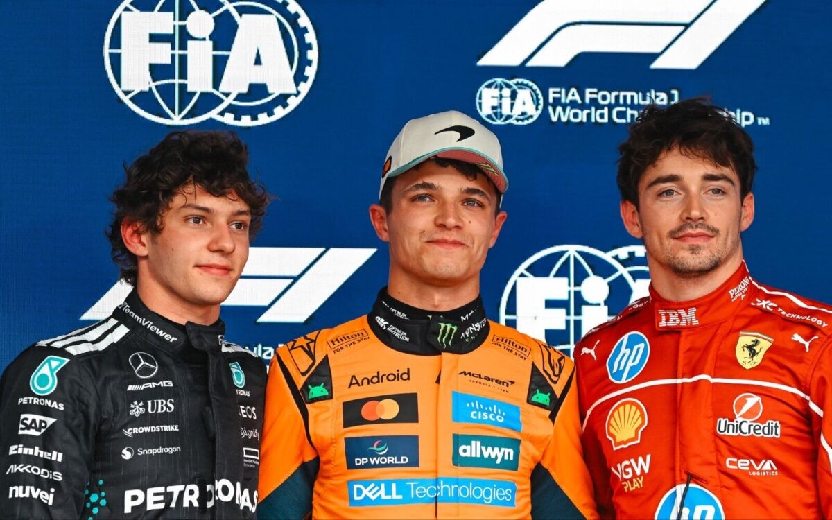 Lando Norris, Kimi Antonelli a Charles Leclerc