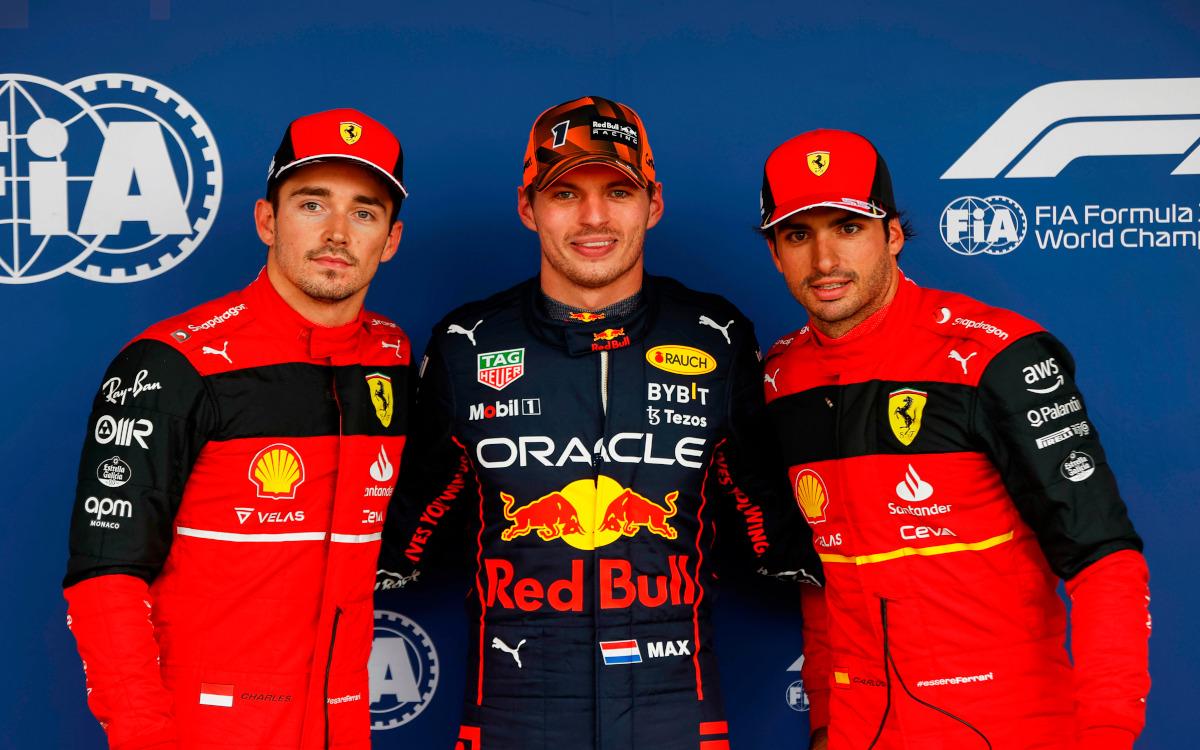Max Verstappen, Charles Leclerc a Carlos Sainz