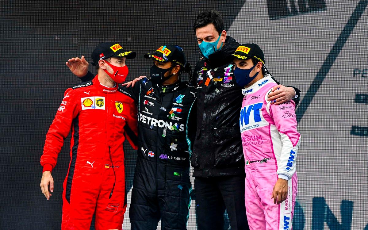Sebastian Vettel, Lewis Hamilton, Toto Wolff, Sergio Pérez