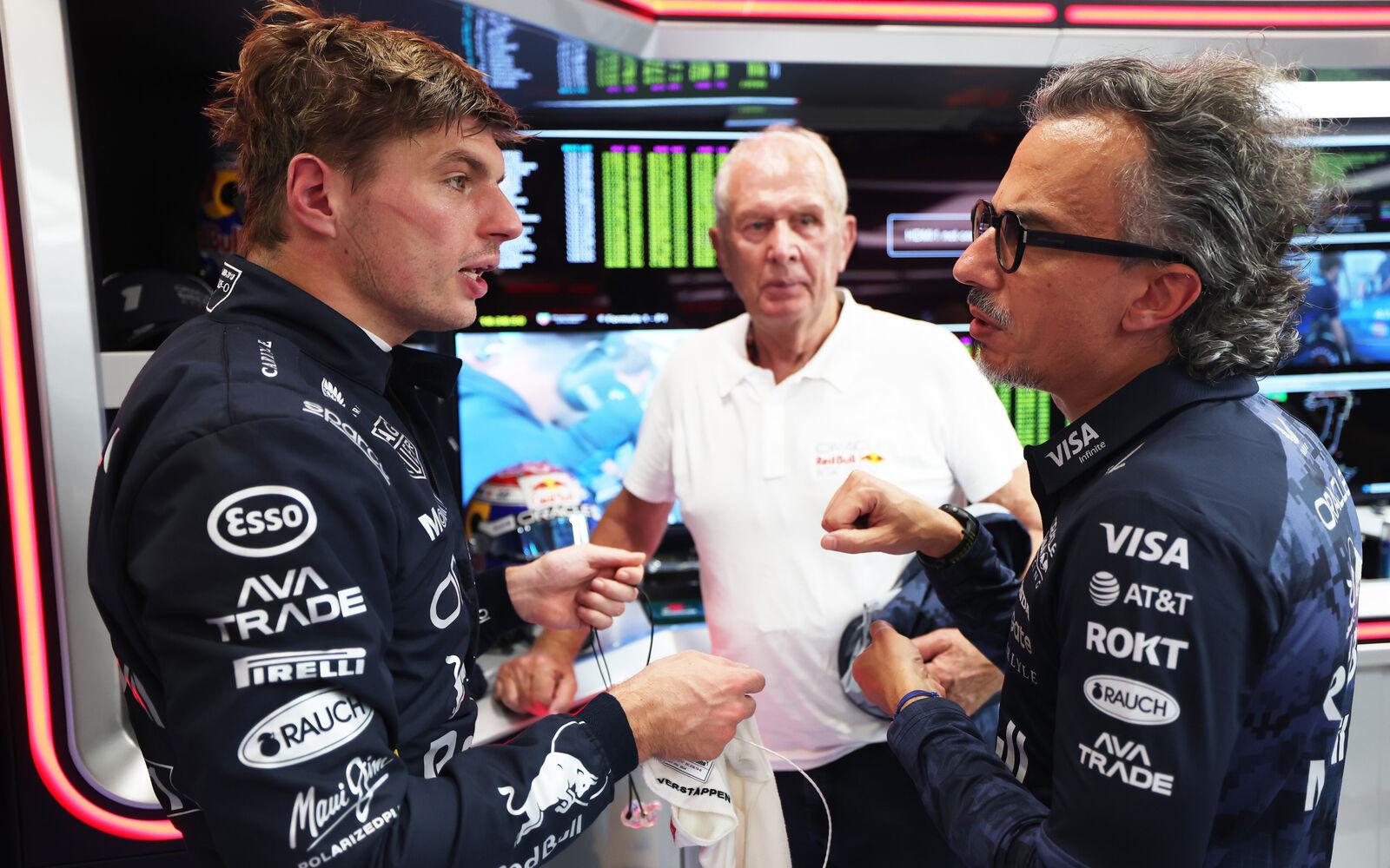 Max Verstappen, Laurent Mekies a Helmut Marko