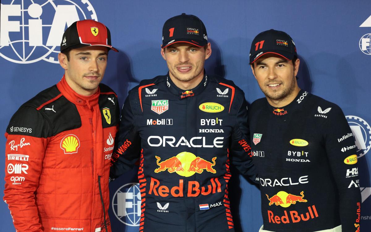 Max Verstappen, Sergio Pérez a Charles Leclerc