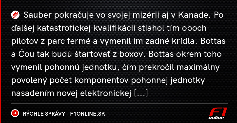 Piloti Sauberu budú štartovať z boxov - Rýchle správy | Magazín F1 - F1online.sk